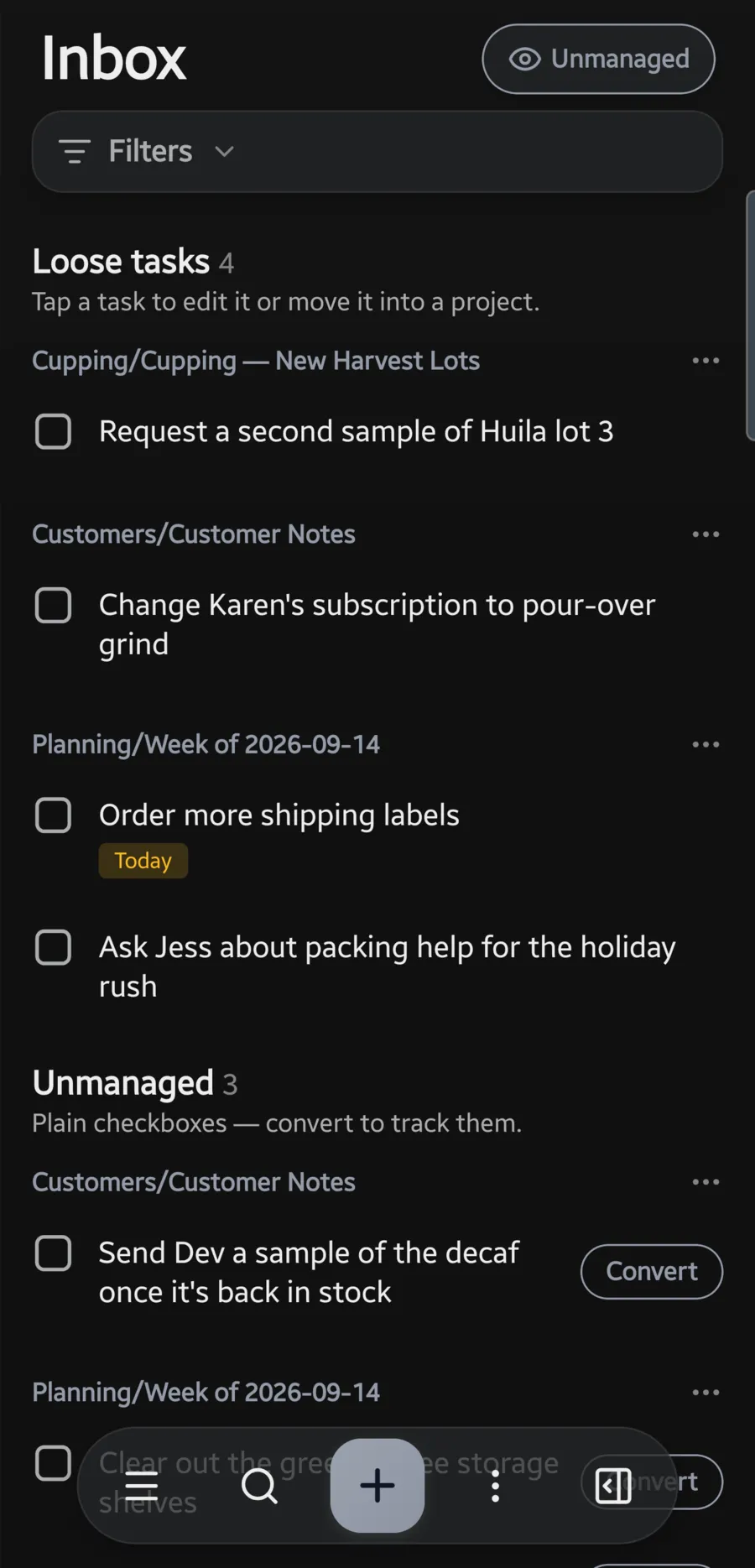 The Inbox, with unmanaged checkboxes