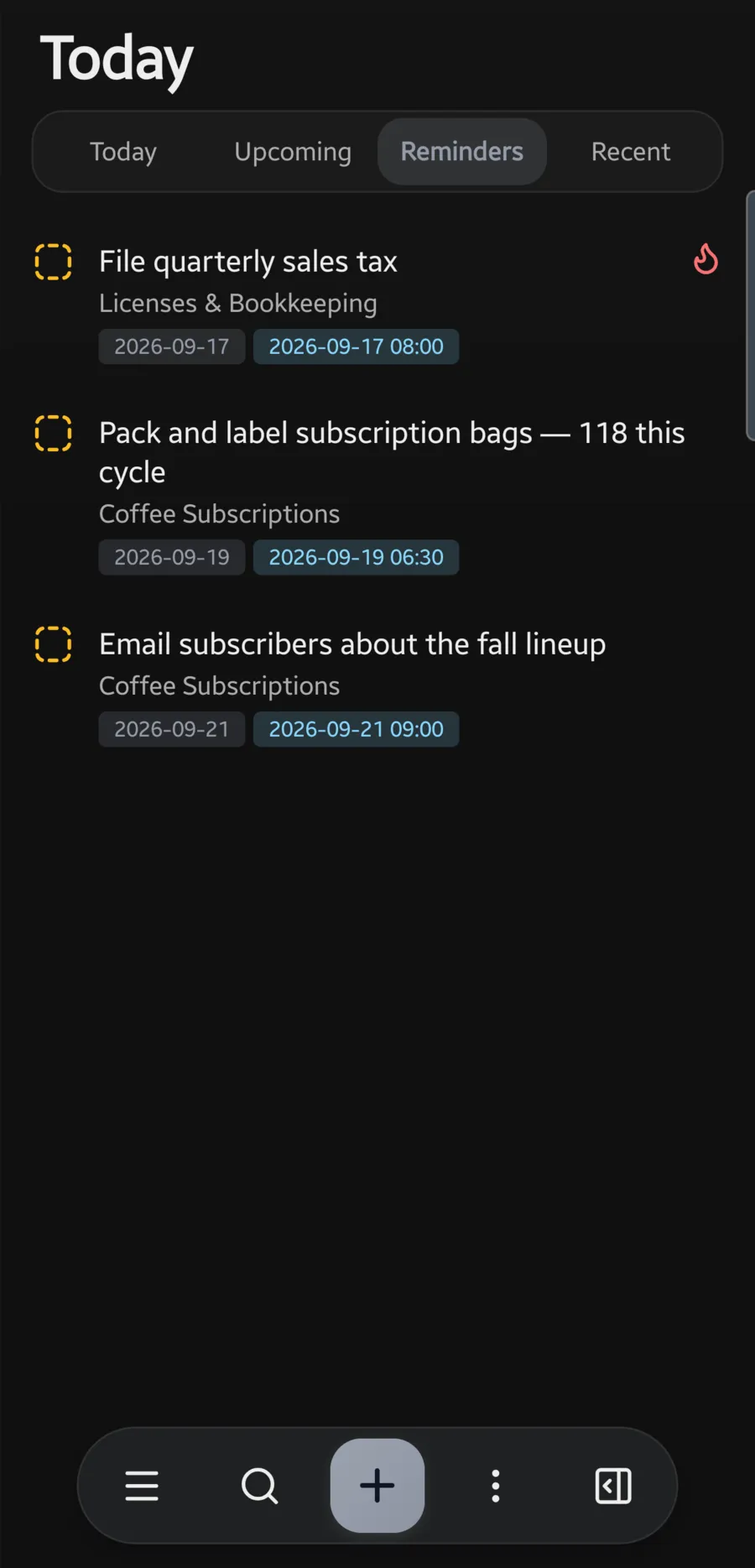 The Reminders tab