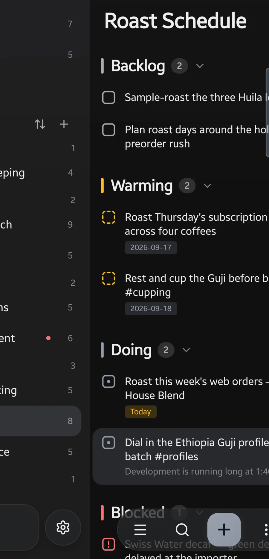 Swiping right: the projects drawer sliding in