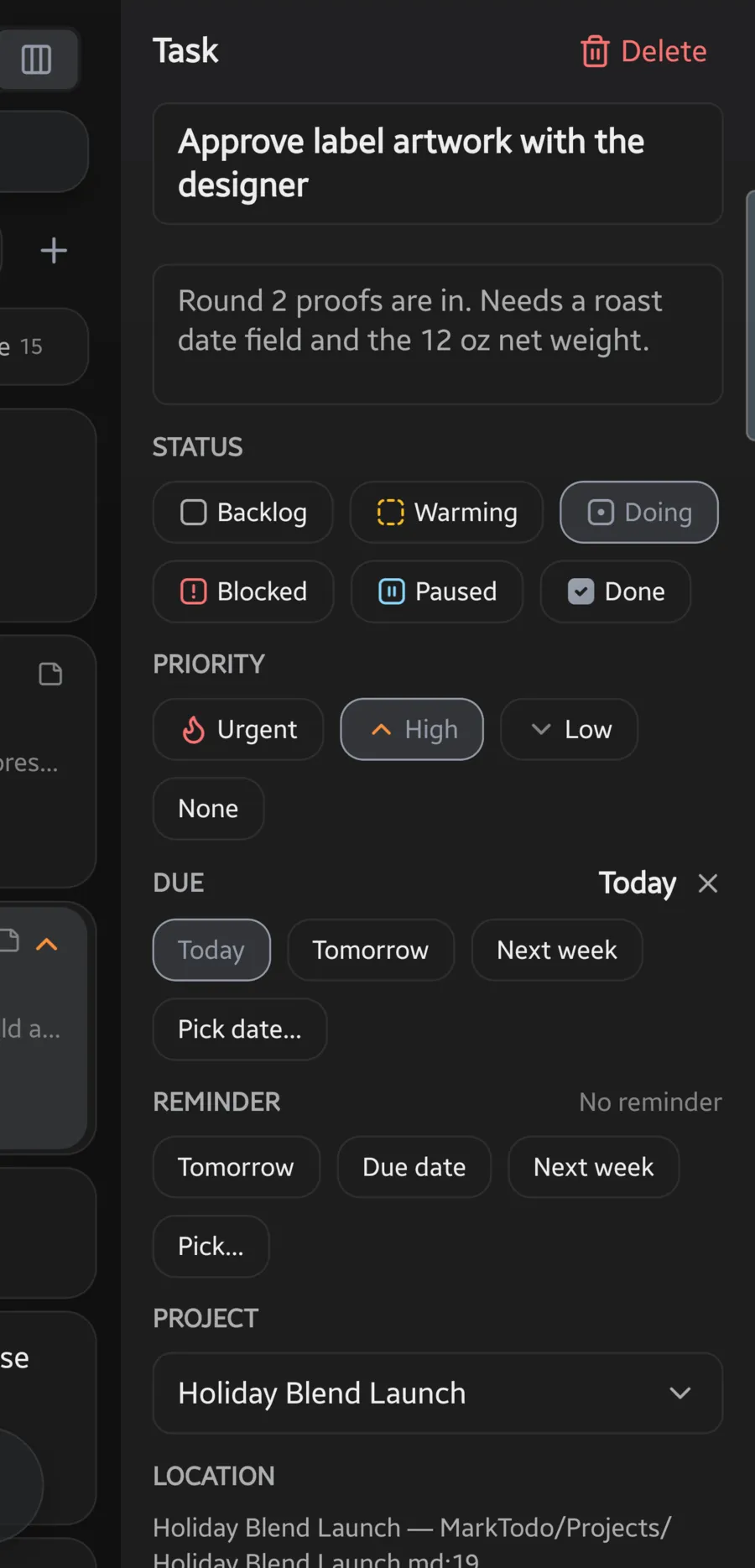 Editing a todo in the right pane