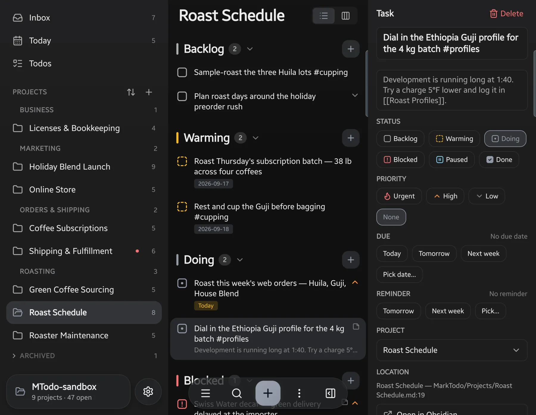 The app's projects drawer, a project list and an open todo, laid out side by side