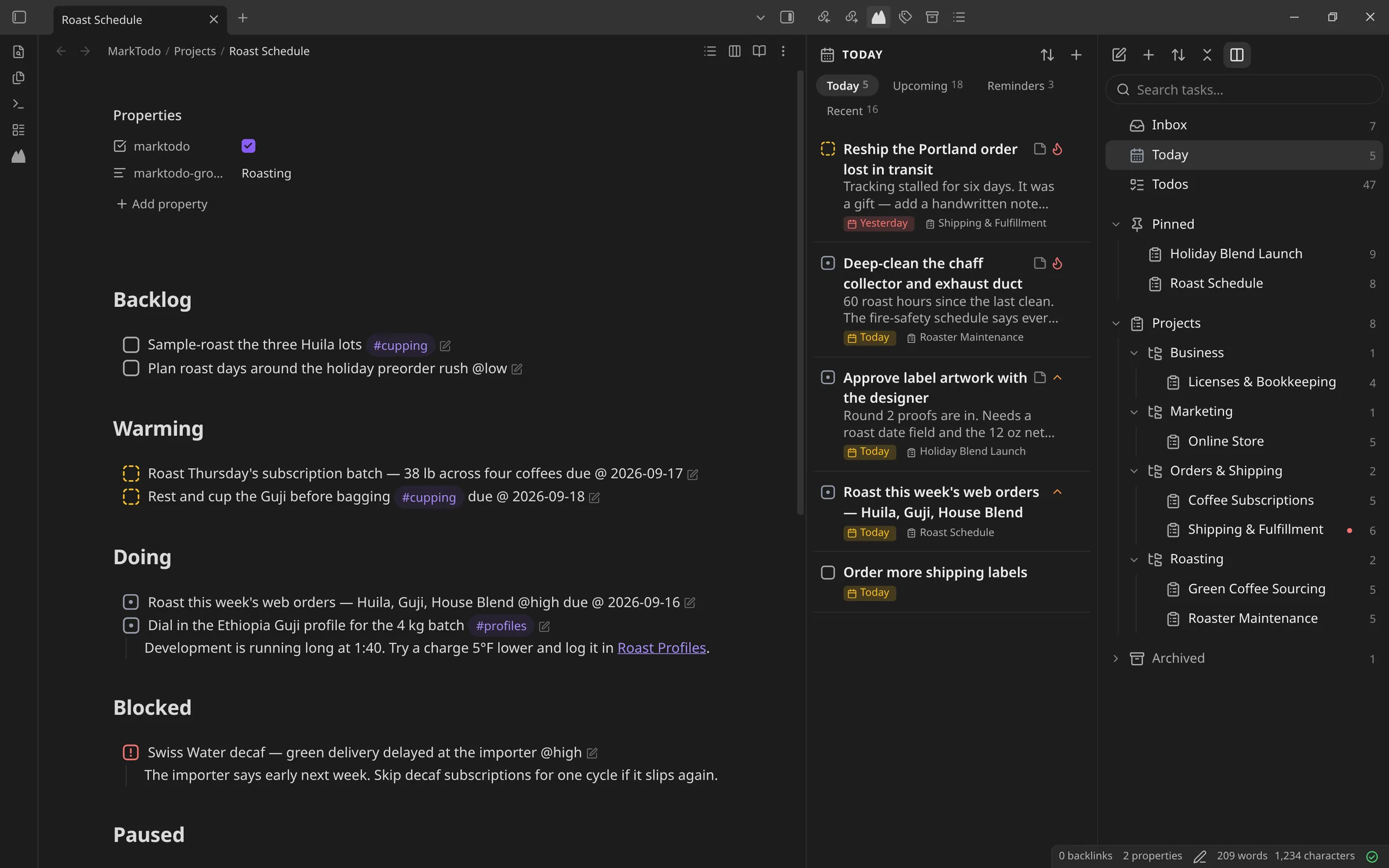 The MarkTodo dashboard in Obsidian's sidebar, beside a project note with its todos