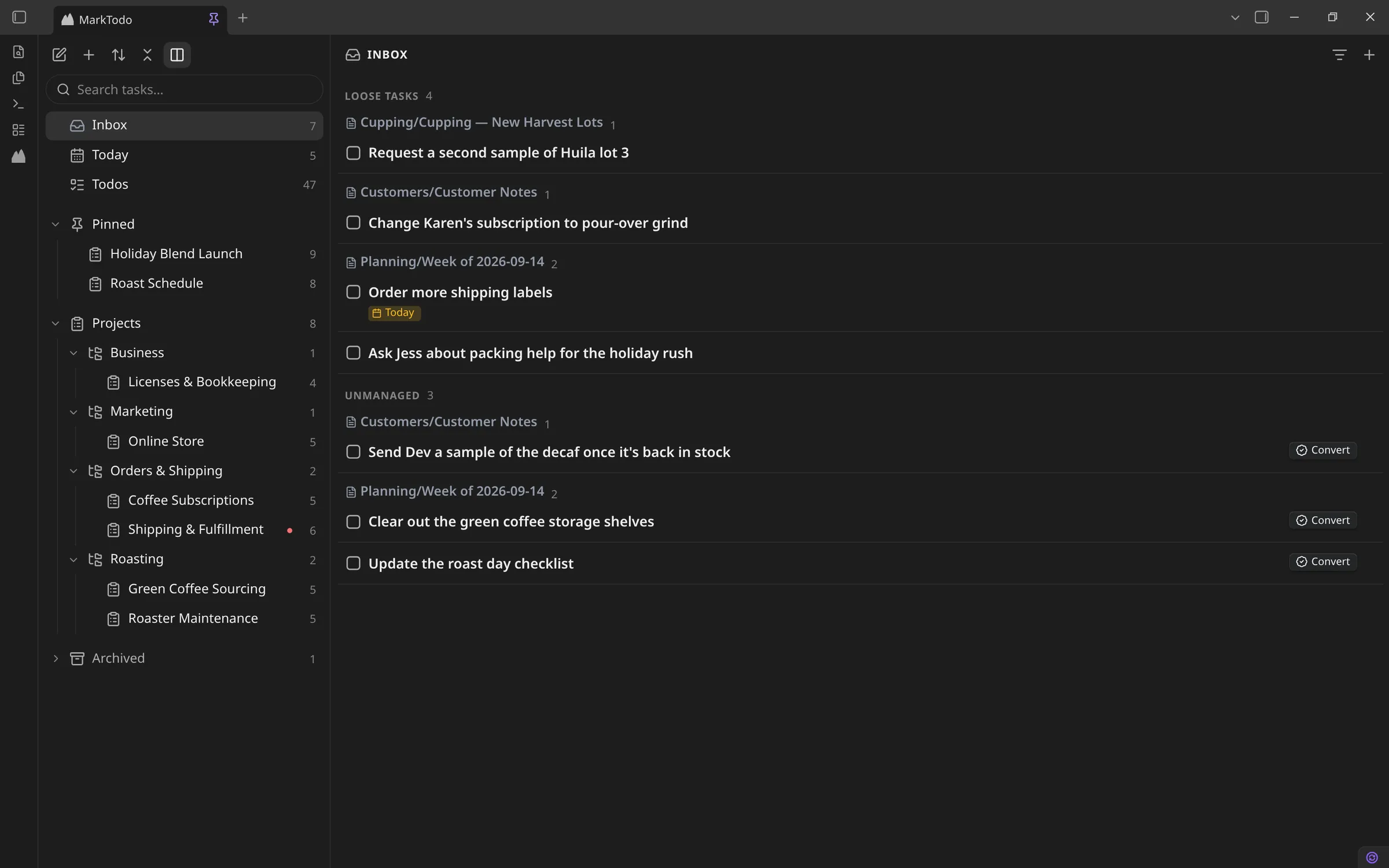 The Inbox, with Convert on unmanaged checkboxes