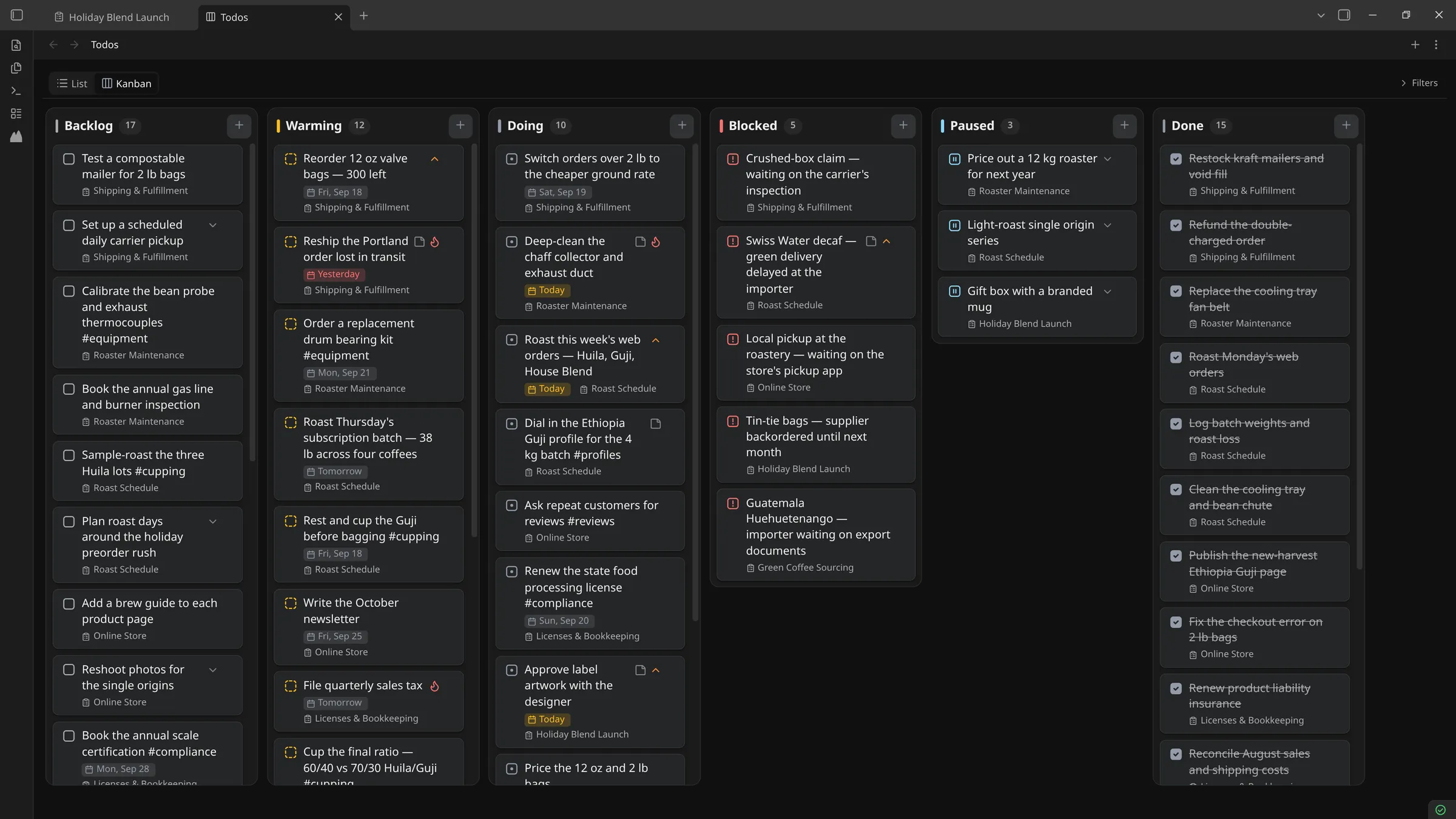 Every project's todos on one Kanban board in Obsidian, in six status columns