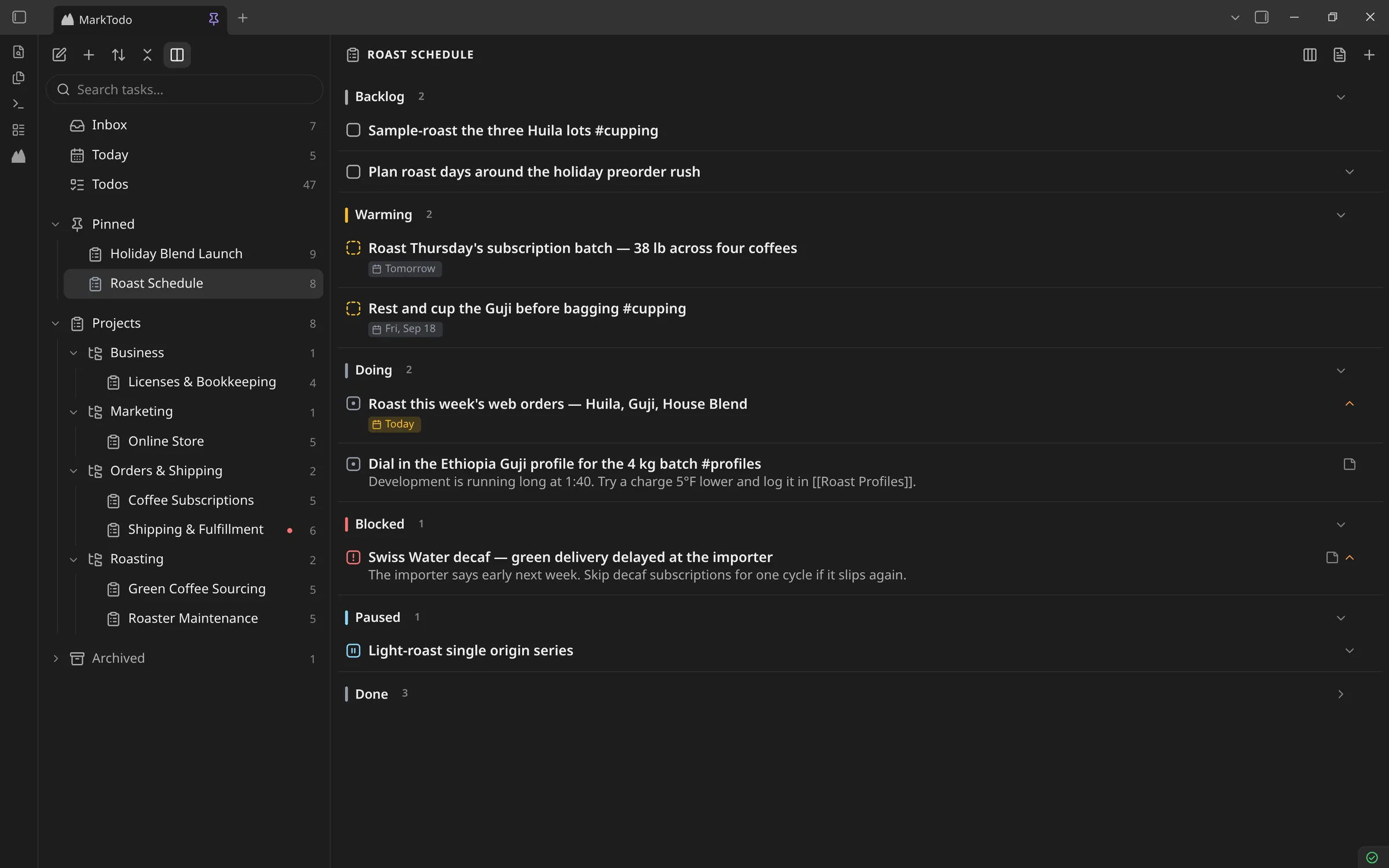 The dashboard: navigation on the left, a project’s list beside it