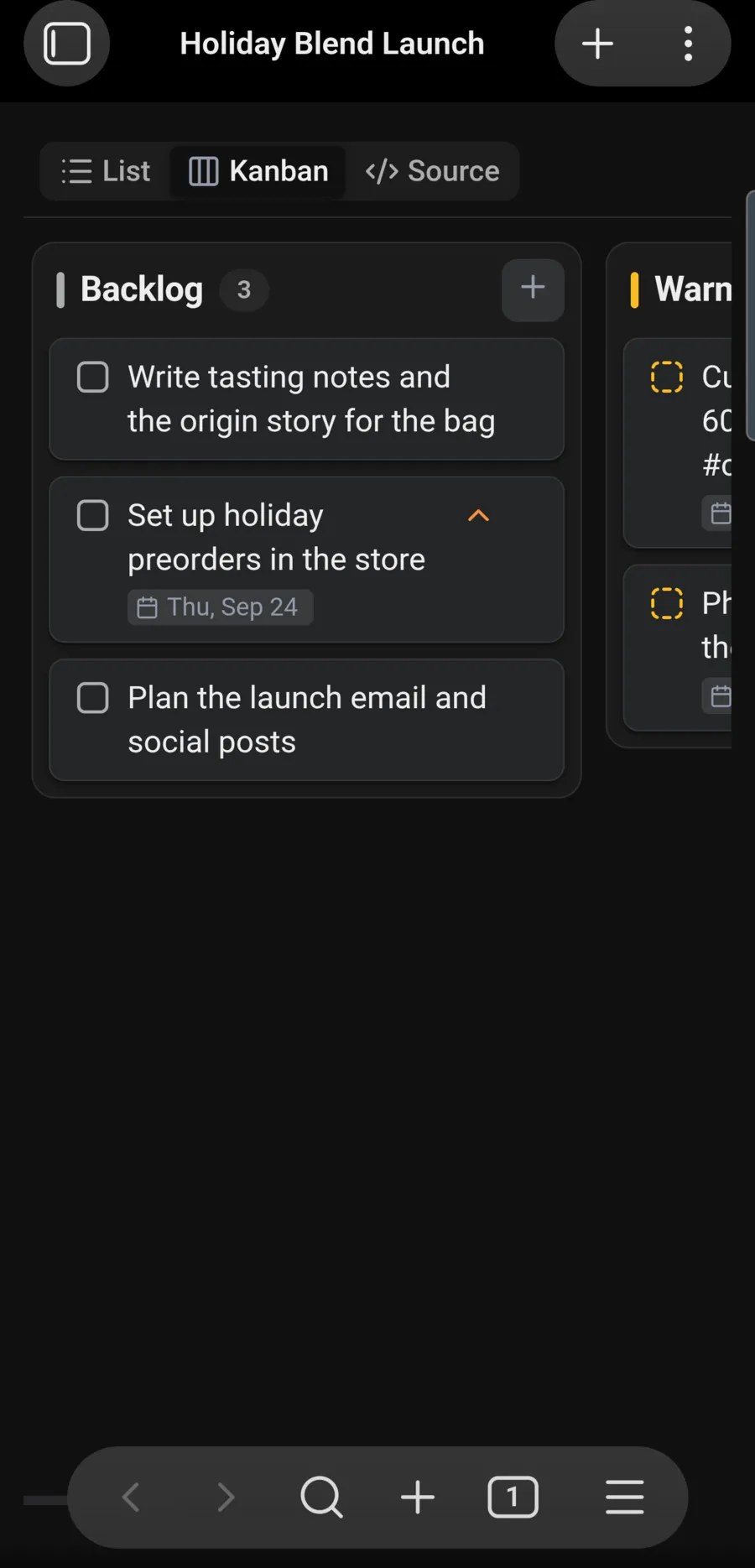 A project’s board on a phone
