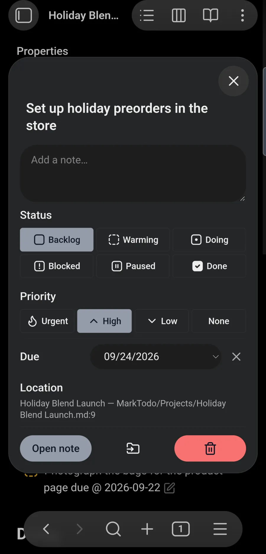 The todo editor on a phone