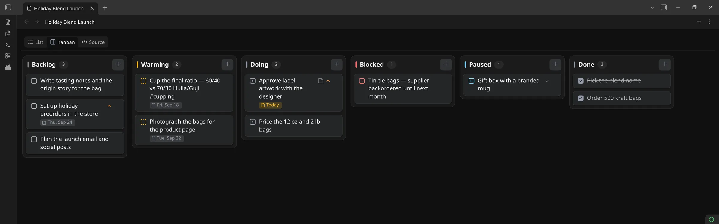 A project’s board, with List, Kanban and Source