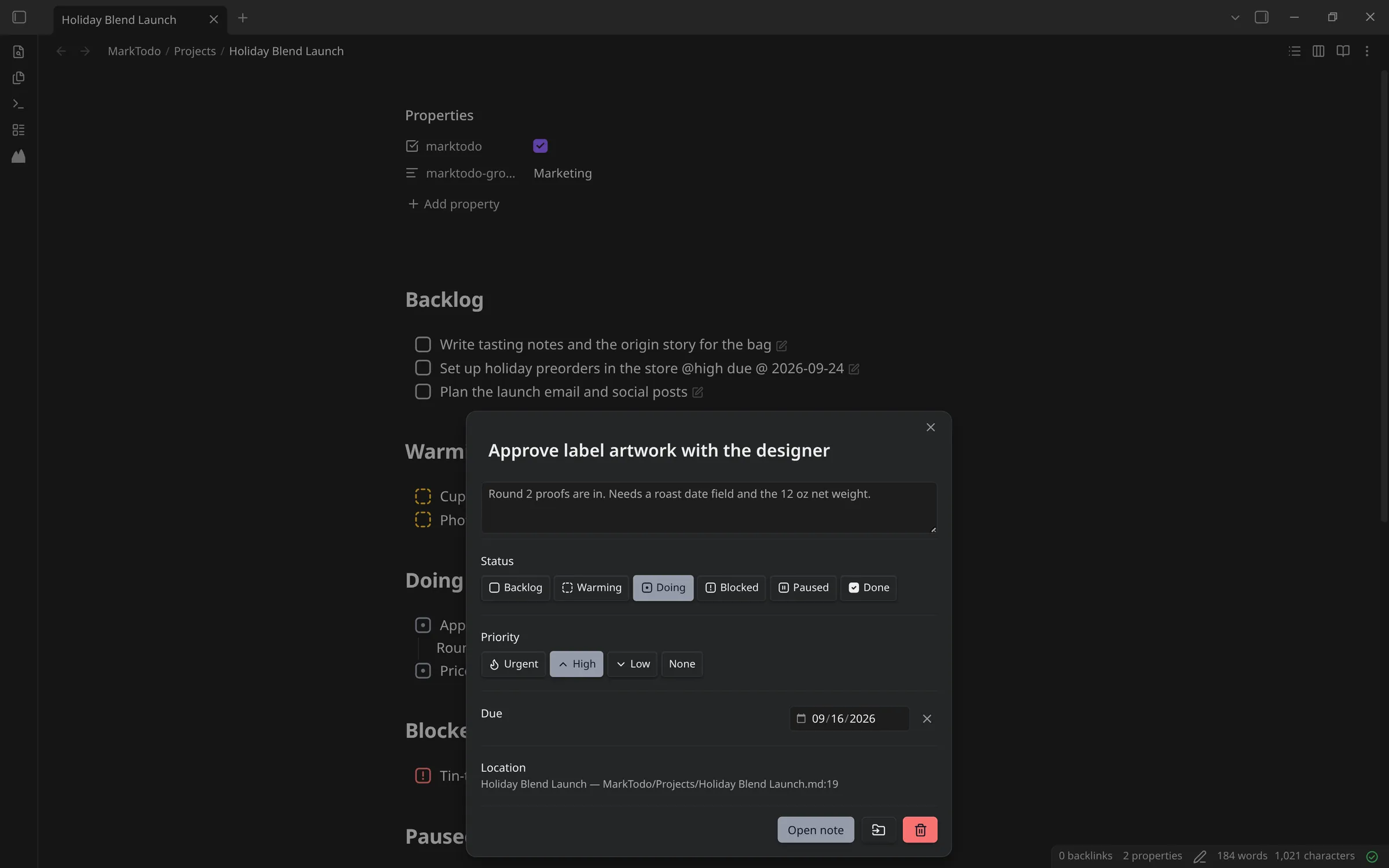 The todo editor, opened from a todo in a note